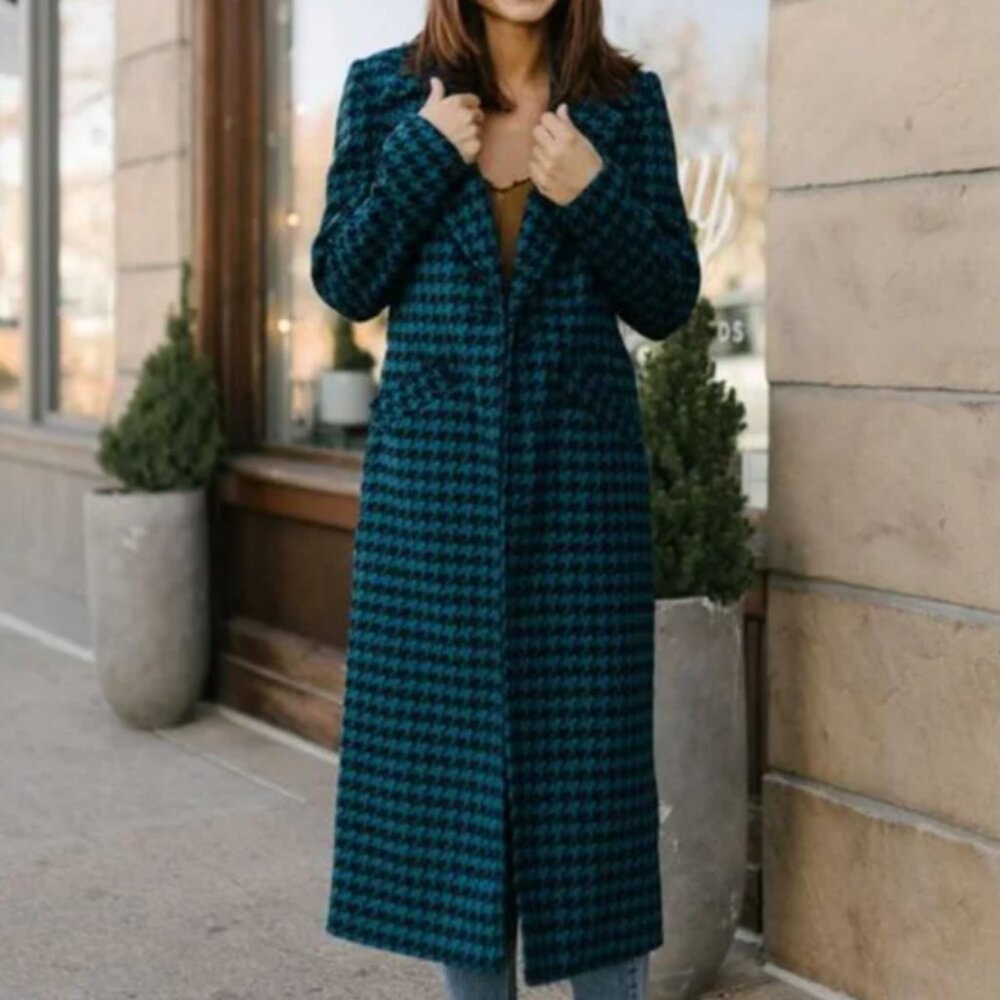 NWT OAT Women's Blue Houndstooth Long Sleeve Wool Blend Coat Size XS